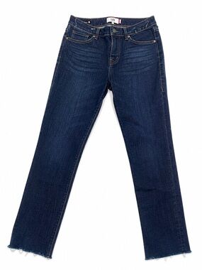 CAbi Stretch Slim Straight Jeans Dark Wash Raw Hem Size 4